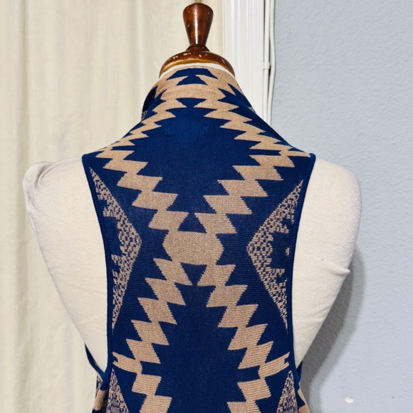 Timing Aztec Print Duster Vest Women's M/L Blue Tan Open Front Long Cardigan - Picture 7 of 10